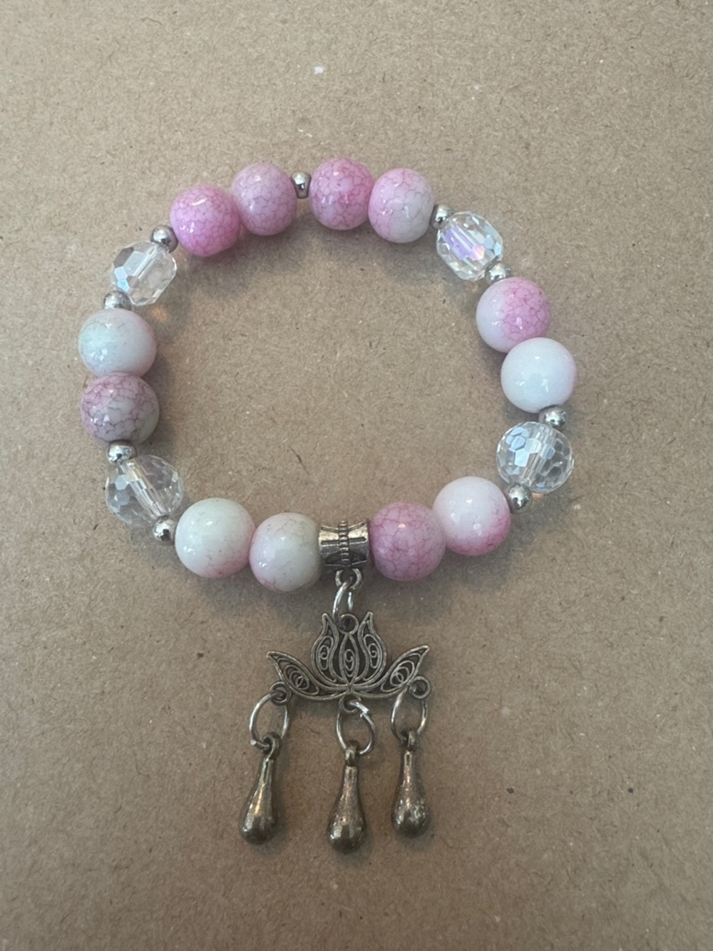 Silver Lotus Charm Pink Beaded Stretch Bracelet